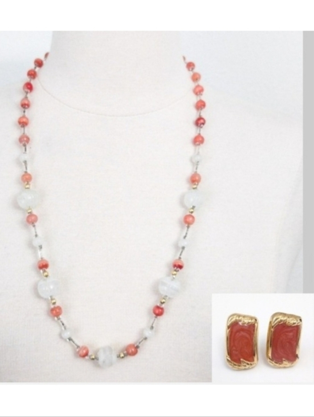 Glass Beaded Coral Orange, White & Gold 14" Necklace & Clip Earring Jewelry Set